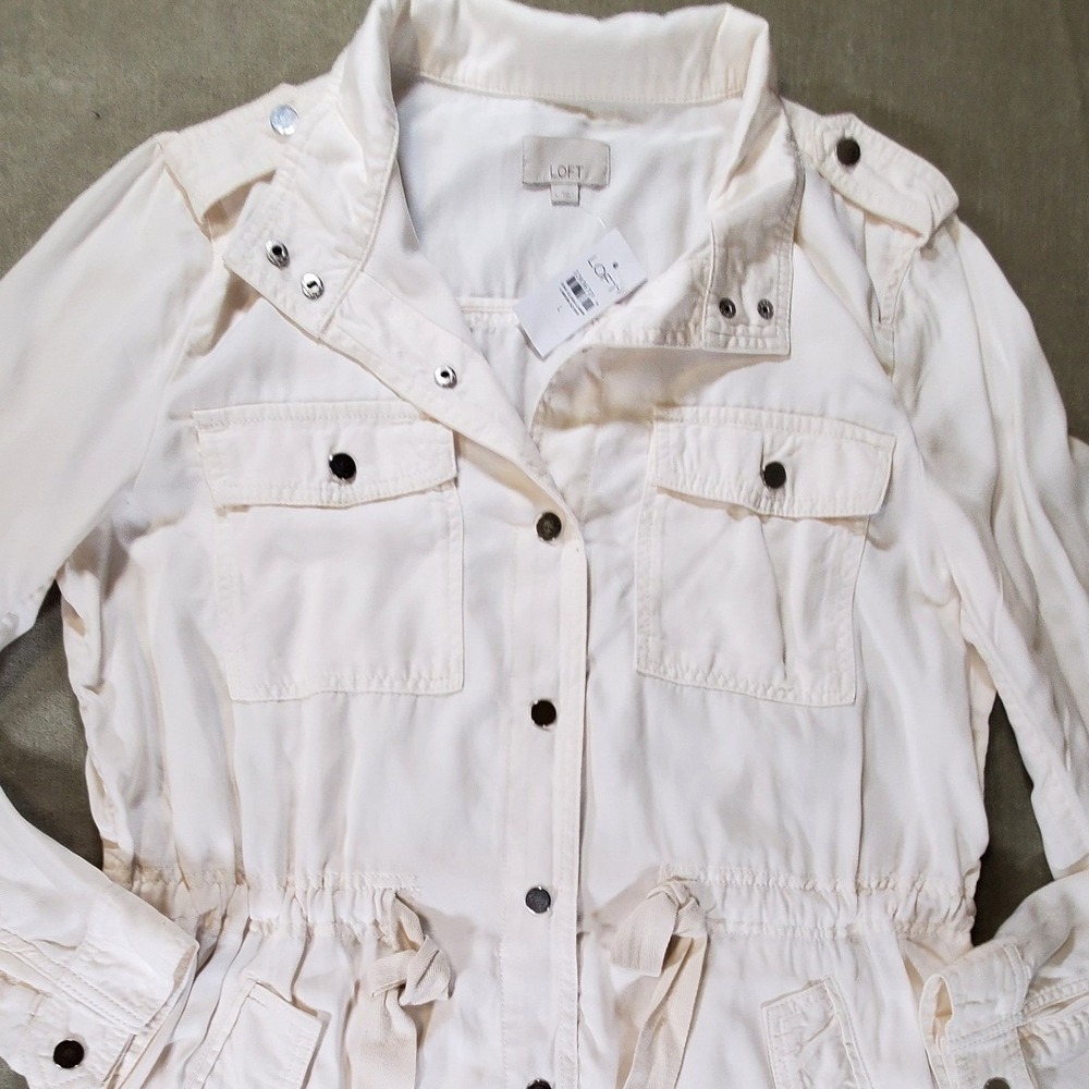 LOFT Women Ivory Utility Field Jacket NWT Size L Cream Cargo Cinched Waist Soft - Picture 10 of 10
